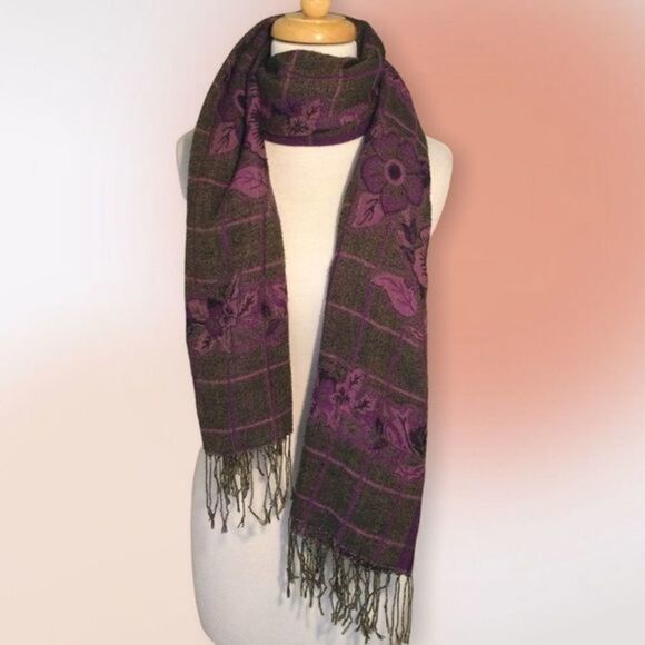 Purple Floral Fringed Pashmina Scarf Wrap - Picture 4 of 8